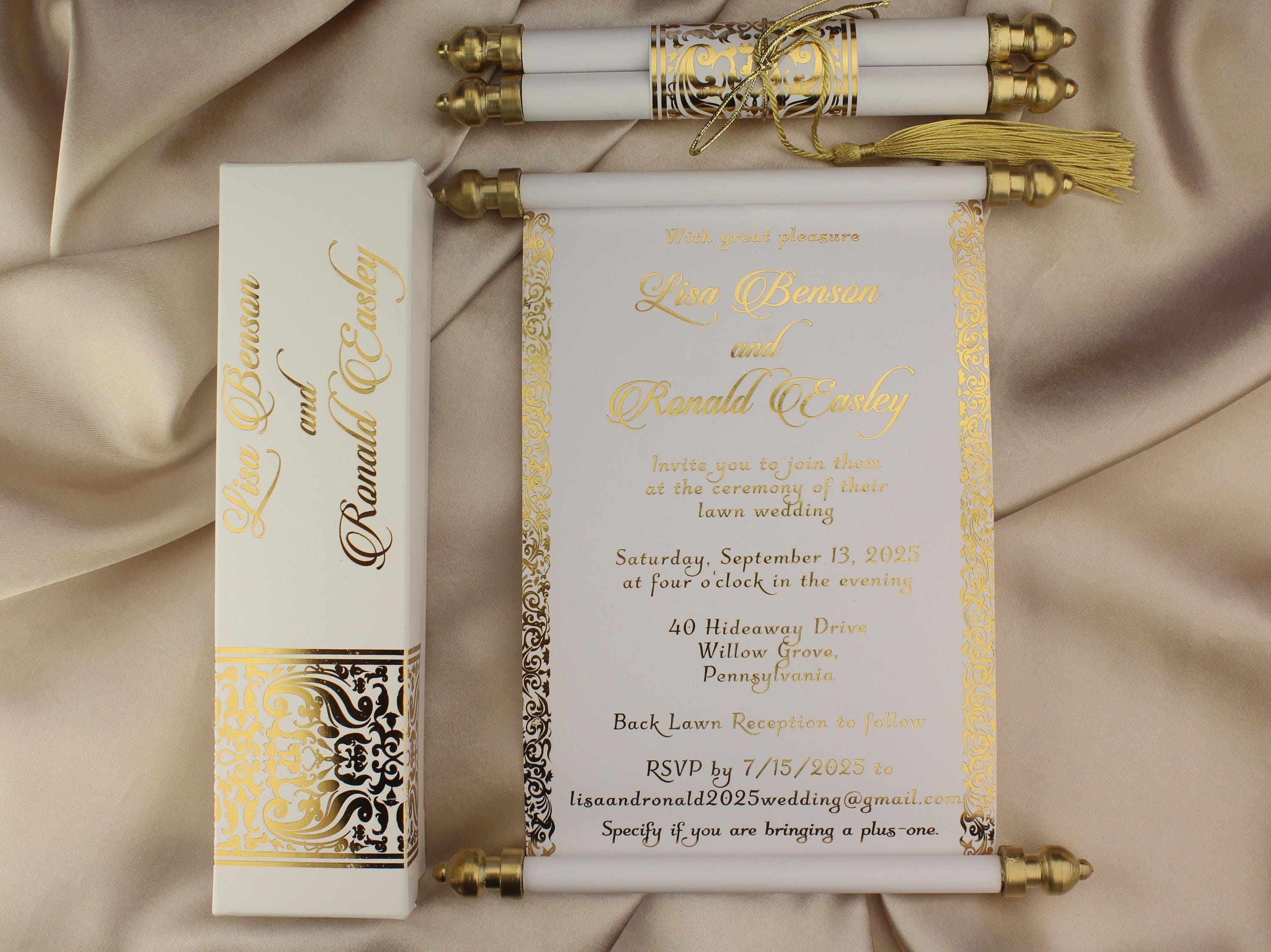 Handmade Gold Foil Calligraphy Wedding Scroll Invitation, Royal Elegant ...