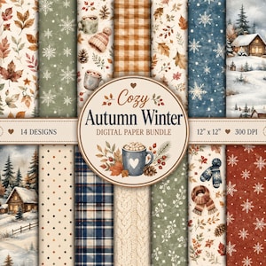 Puede incluir: Un paquete de papel digital con 14 diseños de temas de otoño e invierno, incluyendo patrones de hojas, copos de nieve, cuadros, lunares, texturas de punto y cabañas nevadas. La etiqueta central dice Cozy Autumn Winter Digital Paper Bundle.