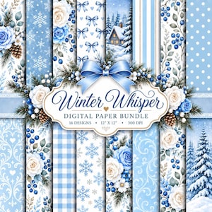 Puede incluir: Un paquete de papel digital titulado Winter Whisper que incluye 16 diseños en formato de 30,48 x 30,48 cm a 300 DPI. La colección muestra varios patrones que incluyen copos de nieve, rosas, piñas, bayas, lazos y paisajes nevados en azul y blanco.