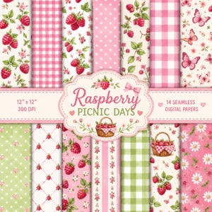 Raspberry Picnic Digital Paper Bundle, Pastel Gingham Floral Patterns (Digital Download)