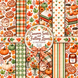 Könnte beinhalten: Eine digitale Papiersammlung mit 12 herbstlichen Mustern, darunter Zimtschnecken, Kürbisse, Herbstblätter, Karos, Streifen, Herzen und Kaffeetassen. Ein zentrales kreisförmiges Etikett zeigt den Text Cinnamon Swirls and Falling Leaves.