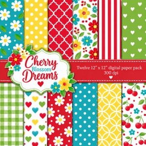 Puede incluir: Un paquete de papel digital con doce patrones de 30,48 cm por 30,48 cm que incluyen margaritas sobre fondo verde azulado, lunares amarillos, cuatrifolio rojo, flores, rayas rojas y blancas, corazones blancos sobre verde, cuadros y cerezas.