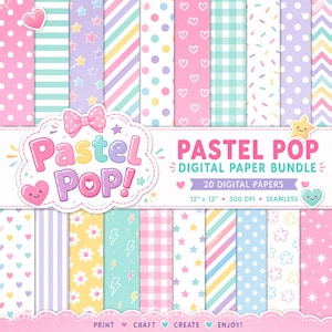 May include: A digital paper bundle featuring 20 seamless patterns in pastel colours. Designs include polka dots, stripes, hearts, stars, flowers, lightning bolts, and gingham. The text reads Pastel Pop! Digital Paper Bundle 12 x 12 300 DPI.