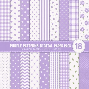 Peut inclure: Un pack de papier numérique avec 18 motifs violets incluant vichy, cœurs, pois, rayures, fleurs, chevrons, étoiles et feuilles. Le texte indique PURPLE PATTERNS DIGITAL PAPER PACK 18 DIGITAL PAPERS 12x12 300 DPI.