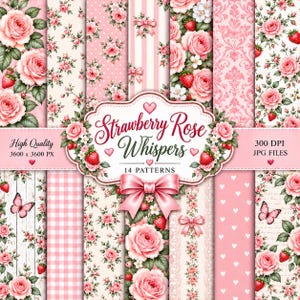 Op de afbeelding: Een digitale collectie van 14 patronen genaamd Strawberry Rose Whispers, met roze rozen, rode aardbeien, vlinders, strepen, stippen en hartjes. De set bevat hoogwaardige 3600 x 3600 px JPG-bestanden met een resolutie van 300 DPI.
