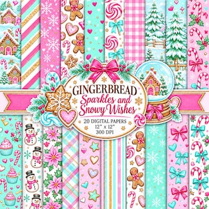 May include: A collection of 20 digital papers featuring Christmas patterns with gingerbread men, candy canes, snowflakes, snowmen, and pink bows. The central label reads Gingerbread Sparkles and Snowy Wishes 20 Digital Papers 12 x 12 300 DPI.
