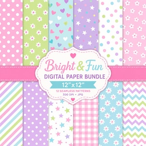 Paquete de papeles digitales con estampado floral pastel de lunares, corazones y estrellas (JPG de 12x12)