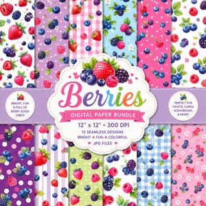 May include: A digital paper bundle featuring 12 seamless patterns with strawberries, blueberries, and blackberries on backgrounds of polka dots, gingham, stripes, and floral prints. The central label displays the text Berries Digital Paper Bundle.
