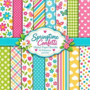 Puede incluir: Un paquete de papel digital con 16 patrones de temática primaveral que incluyen flores, mariposas, pájaros, corazones, lunares, rayas y nubes. Una etiqueta central muestra el texto Springtime Confetti Digital Paper Bundle 16 Patterns 300 DPI.