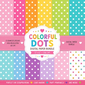 Bright Rainbow Polka Dot Digital Paper Pack, Scrapbooking, Card Making, 300 DPI