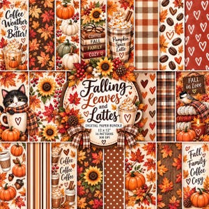 May include: A digital paper bundle featuring 16 patterns with autumn themes including pumpkins, sunflowers, coffee cups, falling leaves, plaid textures, and hearts. The central circular graphic displays the text Falling Leaves and Lattes.