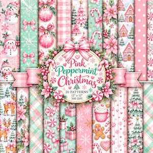 Könnte beinhalten: Eine digitale Sammlung von 20 Pink Peppermint Weihnachtsmustern mit Schneemännern, rosa Weihnachtsbäumen, Zuckerstangen, Weihnachtssternen, Lebkuchen, Rentieren und Geschenken. Das zentrale runde Etikett trägt die Aufschrift Pink Peppermint Christmas.