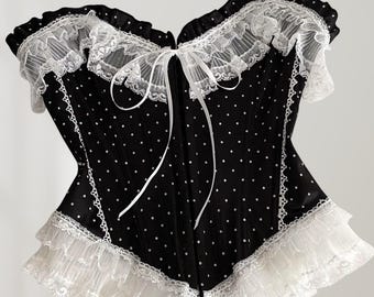 Black Lace Corset Dress | Polka Dot A-Line Evening Party Outfit