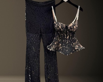 Lace Two Piece Set Women, Pearl Strap Top and Pants Set, Chic Co Ord Outfit, Aesthetic Clothing, Evening Wear, Date Night Look