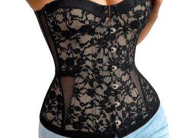 Black Lace Corset Top, Fishbone Bustier, Sexy Strapless Corset, Y2K Going Out Top, Slim Fit Shaping Top, Corset, Black  Cami