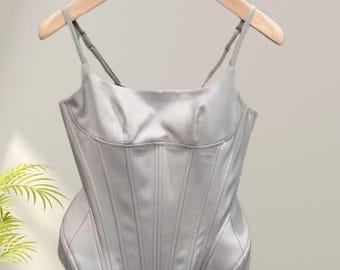 Corset Camisole Top, Fishbone Waist Tank, Slim Fit Bustier Top, Sexy Strap Top Women, Light Gray Fitted Cami, Elegant Summer Top