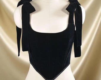 Black Velvet Fishbone Corset Top, Strapless Bow Shoulder Crop Vest
