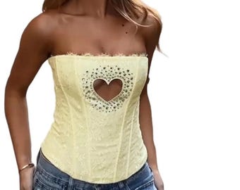 Yellow Lace Corset Top, Heart Cutout Bustier, Adjustable Waist Shaping Lingerie