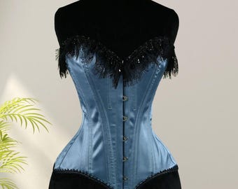 Sky Blue Lace Corset Shapewear, Waist Trainer Bustier, Tummy Control Body Shaper, Vintage Boned Corset Top, XXS–3XL