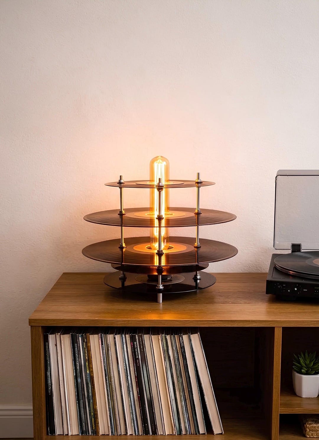 Handmade Vinyl Record Lamp – Artisan Table Light – Stacked Edison Table ...