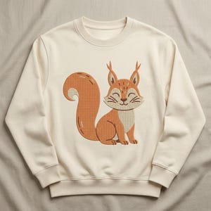 May include: A cream-colored crewneck sweatshirt featuring a centered embroidered graphic of a smiling squirrel. The squirrel is rendered in shades of orange and tan with a large, curved tail, pointed ears, and whiskers, positioned centrally on the chest.