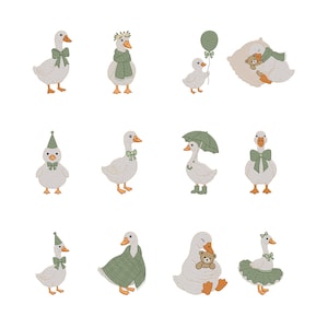 May include: A collection of twelve illustrations featuring white geese with orange beaks and feet, accented with sage green accessories including bows, scarves, party hats, umbrellas, rain boots, blankets, and a tutu, with some holding teddy bears.