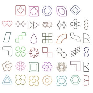 Puede incluir: Una colección de varias formas geométricas en diferentes colores. Las formas incluyen cuadrados, círculos, flores y diseños abstractos. Los contornos son en tonos de rojo, morado, verde y amarillo. Las formas están espaciadas uniformemente y dispuestas en filas y columnas.