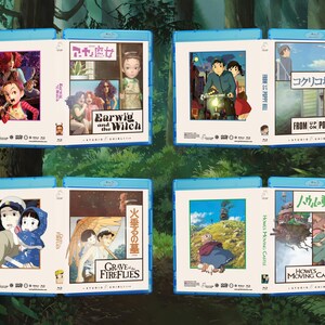May include: Four Blu-ray cases featuring animated movie covers. Titles include "Earwig and the Witch", "From Up on Poppy Hill", "Grave of the Fireflies", and "Howl's Moving Castle". Each case has a blue border and features colorful illustrations.