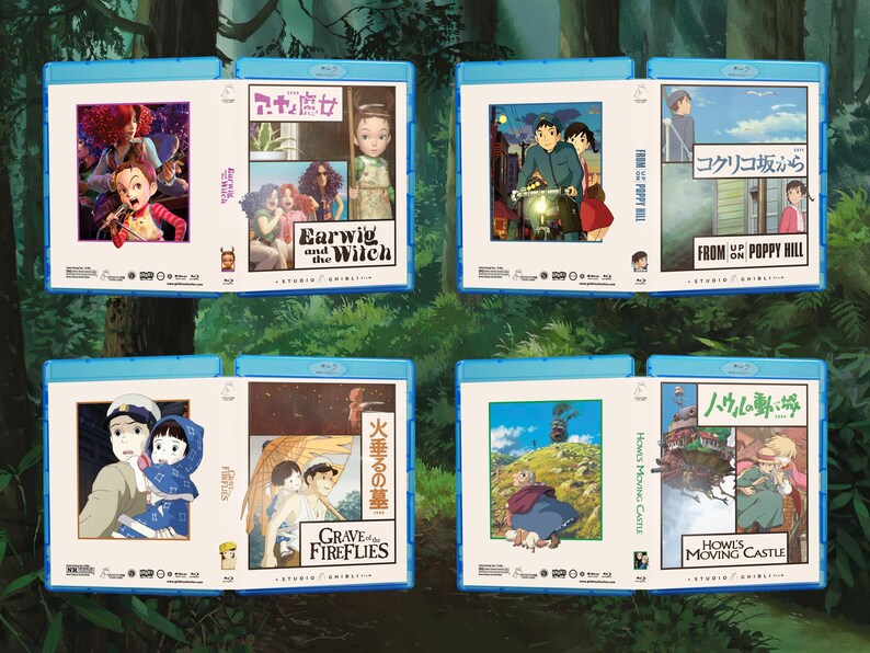 May include: Four Blu-ray cases featuring animated movie covers. Titles include "Earwig and the Witch", "From Up on Poppy Hill", "Grave of the Fireflies", and "Howl's Moving Castle". Each case has a blue border and features colorful illustrations.