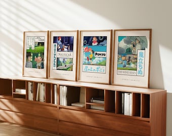 Pôsteres do Studio Ghibli, conjunto de 4: O Menino e a Garça, Nausicaä, Ponyo, Vidas ao Vento