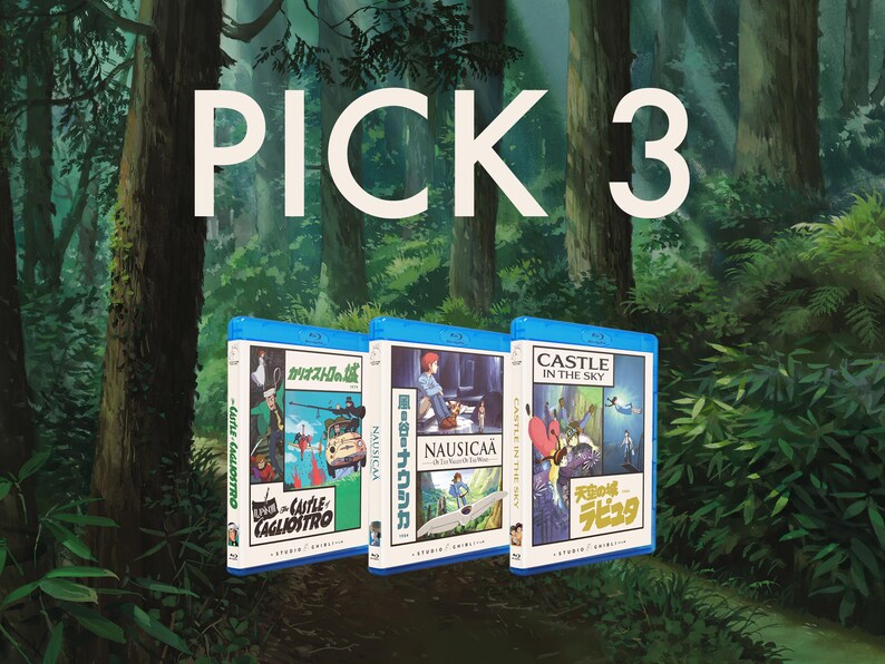 May include: Three Blu-ray movie cases with Japanese text and illustrations, featuring titles like "Castle in the Sky" and "Nausica&auml;." The text "PICK 3" is displayed in large white letters against a forest backdrop.