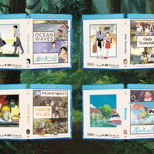 May include: Four Blu-ray cases featuring animated film artwork. Titles include "Ocean Waves," "Only Yesterday," "Pom Poko," and "Ponyo." Each case has a blue border and showcases colorful illustrations from the films.