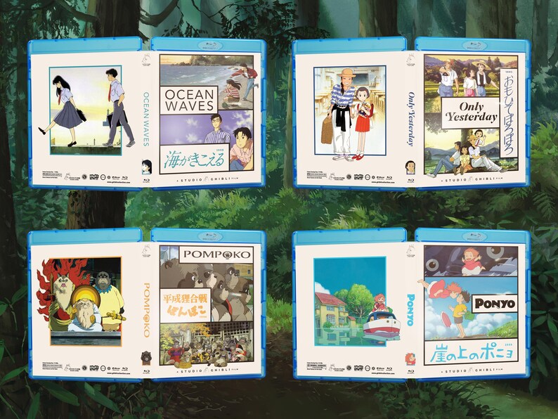 May include: Four Blu-ray cases featuring animated film artwork. Titles include "Ocean Waves," "Only Yesterday," "Pom Poko," and "Ponyo." Each case has a blue border and showcases colorful illustrations from the films.