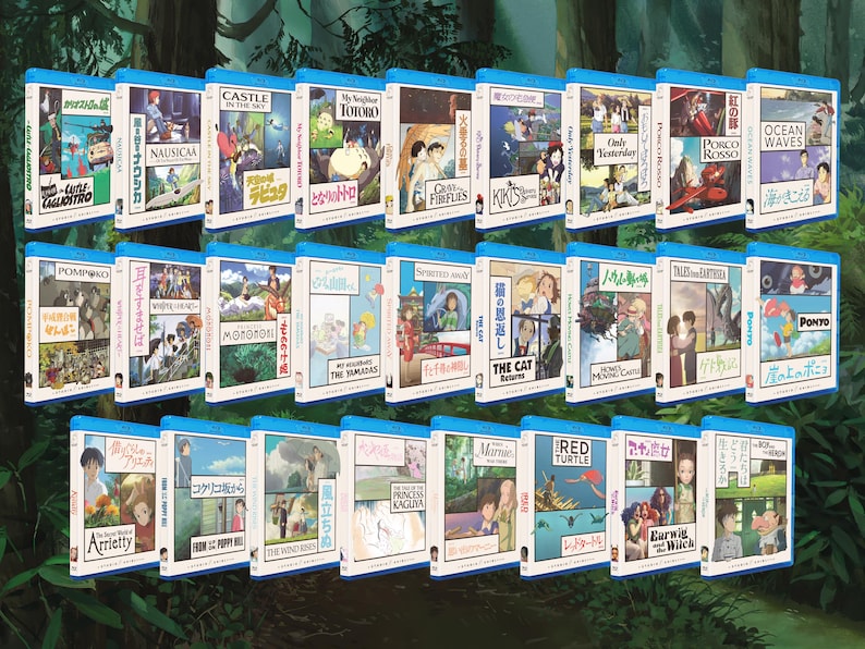May include: A collection of Blu-ray movie cases featuring various animated films. The cases have blue borders and white spines with Japanese text and colorful illustrations. Titles include "My Neighbor Totoro," "Spirited Away," and "Princess Kaguya."