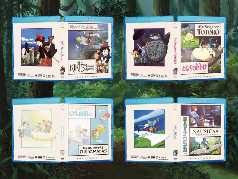 May include: Four Blu-ray cases featuring animated movie covers. Titles include "Kiki's Delivery Service," "My Neighbor Totoro," "My Neighbors the Yamadas," and "Nausica&auml; of the Valley of the Wind." Each case has a blue border and colorful artwork.