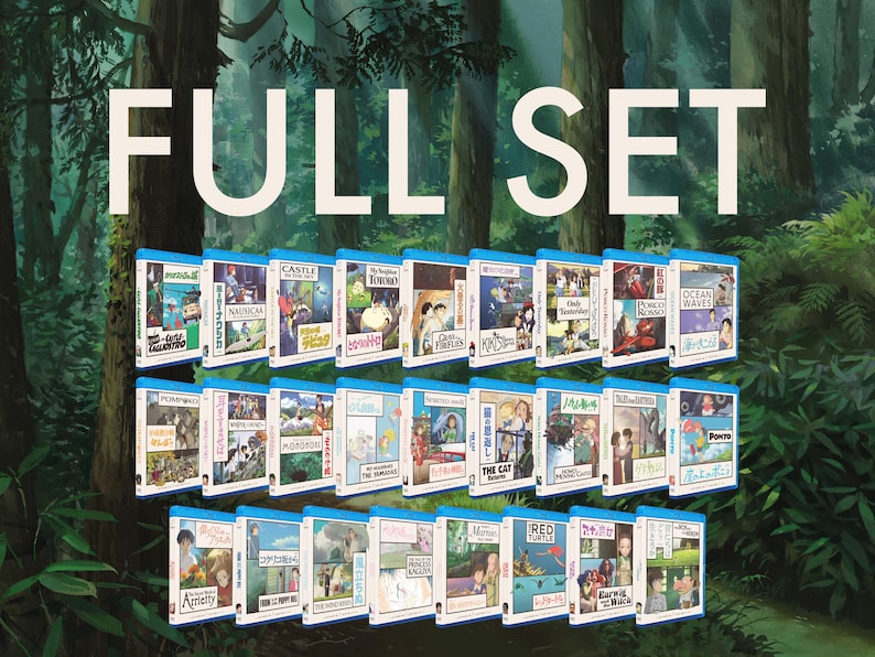 May include: A collection of Blu-ray discs with colorful artwork and Japanese text, arranged in rows. The text "FULL SET" is displayed in large white letters above the discs. The background features a lush green forest.