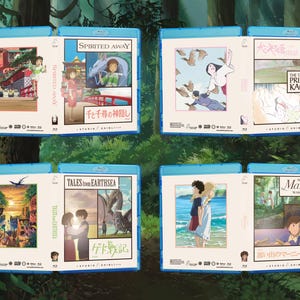 May include: Four Blu-ray cases featuring animated film artwork. Titles include "Spirited Away," "Tales from Earthsea," "The Tale of the Princess Kaguya," and "When Marnie Was There." Each case has a blue border and features Japanese text.