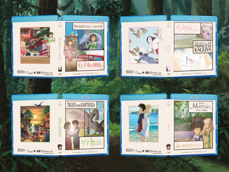 May include: Four Blu-ray cases featuring animated film artwork. Titles include "Spirited Away," "Tales from Earthsea," "The Tale of the Princess Kaguya," and "When Marnie Was There." Each case has a blue border and features Japanese text.