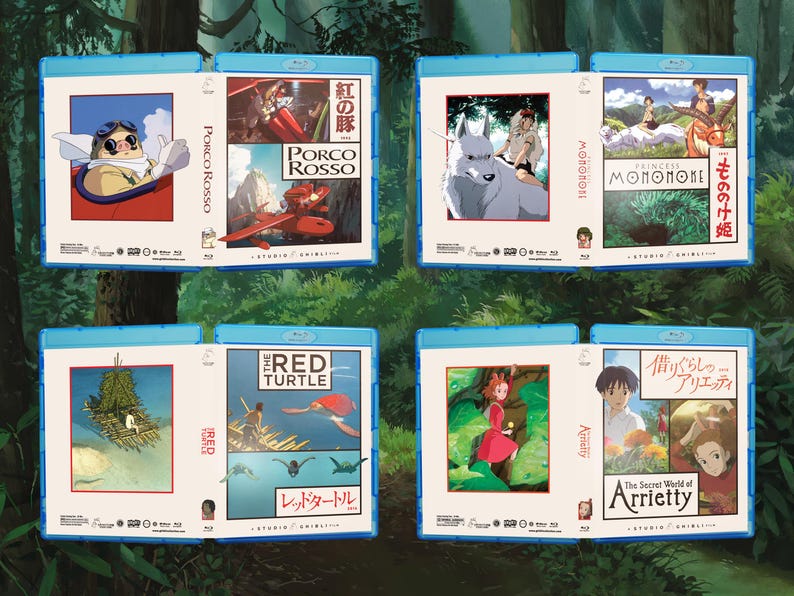 May include: Blu-ray movie cases featuring animated films. Titles include "Porco Rosso," "Princess Mononoke," "The Red Turtle," and "The Secret World of Arrietty." Each case has a blue border and features colorful artwork from the films.