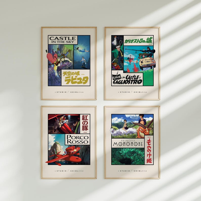 Studio Ghibli Posters, Set of 4, Castle in the Sky, Cagliostro, Porco, Mononoke image 2