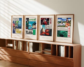 Pôsteres do Studio Ghibli, conjunto de 4: O Castelo no Céu, Cagliostro, Porco e Mononoke.