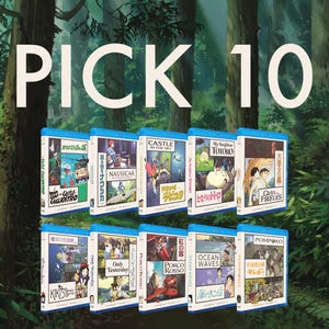 May include: A collection of ten Blu-ray movie cases with colorful artwork, featuring titles like "My Neighbor Totoro" and "Castle in the Sky." The text "PICK 10" is displayed in large white letters against a forest backdrop.