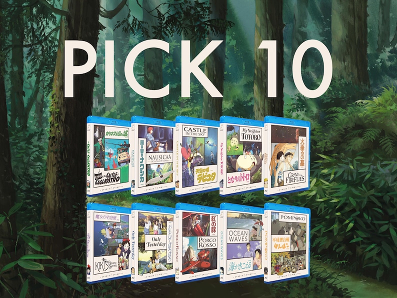 May include: A collection of ten Blu-ray movie cases with colorful artwork, featuring titles like "My Neighbor Totoro" and "Castle in the Sky." The text "PICK 10" is displayed in large white letters against a forest backdrop.
