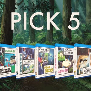 May include: Five Blu-ray movie cases with Japanese anime titles, including "Castle in the Sky" and "My Neighbor Totoro", are displayed against a forest backdrop. The text "PICK 5" is at the top.
