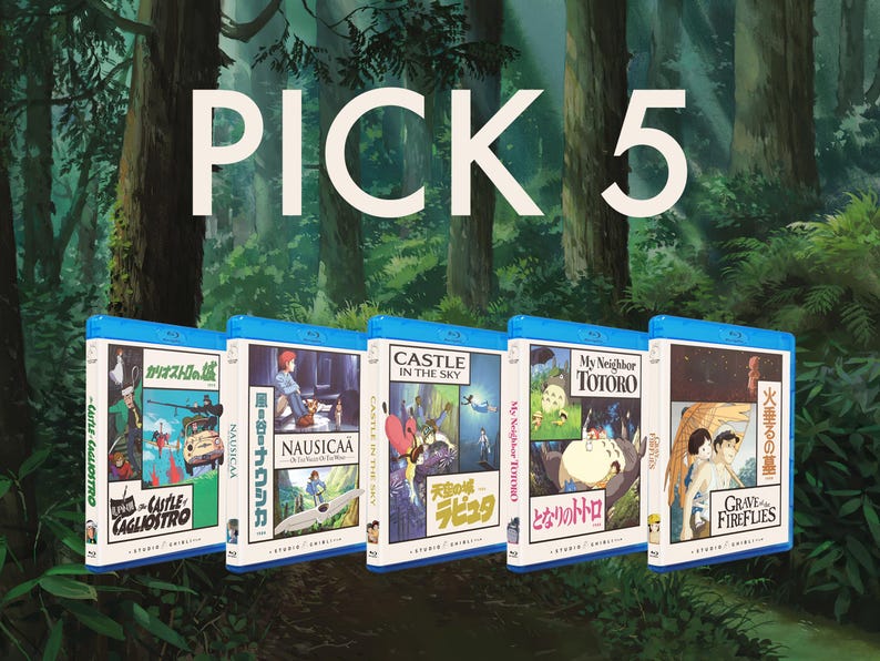 May include: Five Blu-ray movie cases with Japanese anime titles, including "Castle in the Sky" and "My Neighbor Totoro", are displayed against a forest backdrop. The text "PICK 5" is at the top.