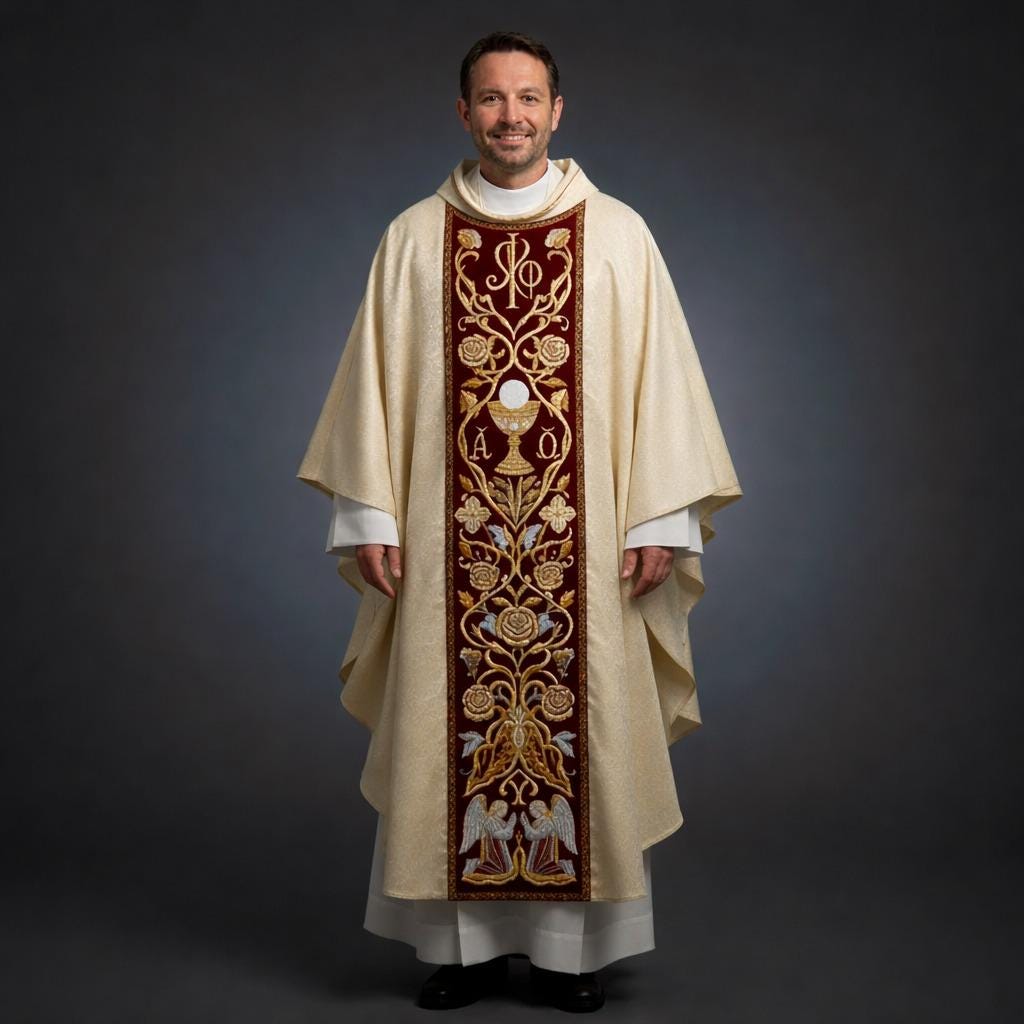 Embroidered Catholic Priest Chasuble - Gold Cream Vestment with Burgundy Orphrey