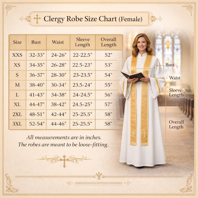 Women Clergy Robe White Church Vestment With Gold Stole, Modest Ritual ...