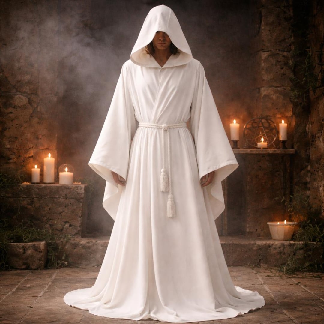 Soul Ritual Robe White Hooded Ritual Robe | Minimalist Ceremony Cloak, Wicca Thelema ...
