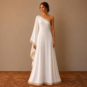 white and gold goddess prom dress Gold Sequin Appliqued White Spandex Long Prom Dress