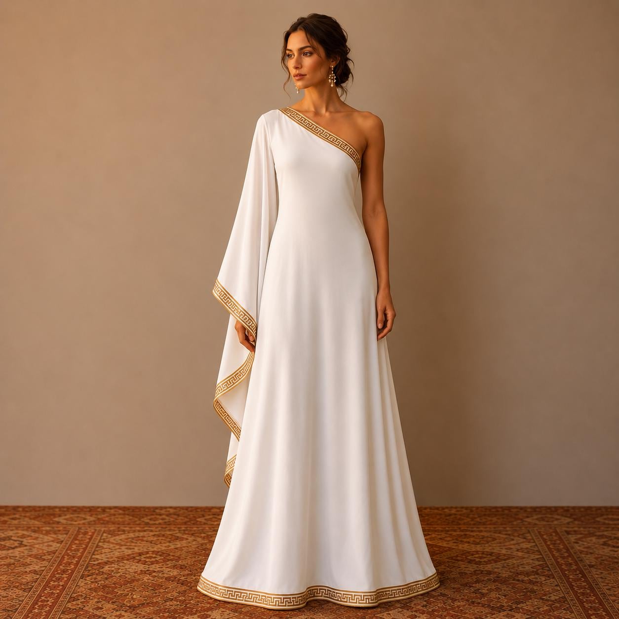 white and gold grecian dress Sheer Greek Goddess Gown With Gold Belt & Crown